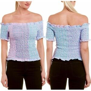 NWT PETERSYN 90s Y2K Smocked Multi Stripe Short Sleeve Off Shoulder Ruffle Top L